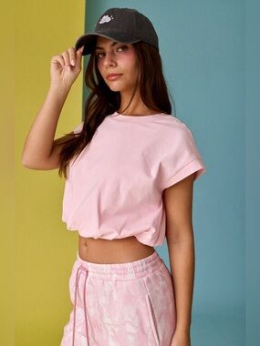 Bubble Hem Crop Tee - Pink - 578-583